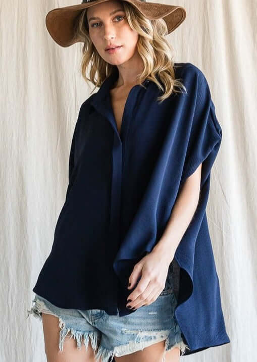 Bucket List Style T1702 Ladies Navy Button Down Hidden Placket High Low Top | Made in USA | This top can be worn with anything. | Classy Cozy Cool Boutique