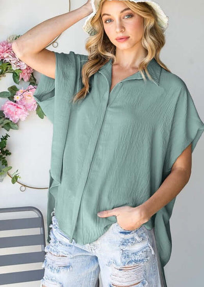 Sage Green  Bucket List Style T1702 Ladies Button Down Hidden Placket High Low Top | Made in USA | This top can be worn with anything. | Classy Cozy Cool Boutique