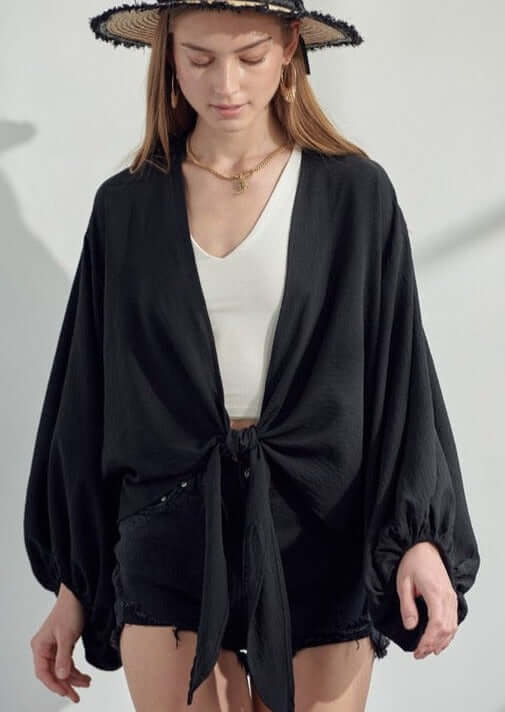 Jade by Jane Style# KRT1598 Ladies Black Crinkle Satin Tie Front Cropped Kimono | Made in USA | Classy Cozy Cool Women's Made in America Boutique