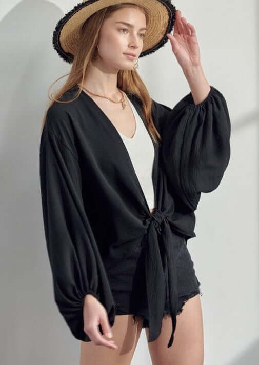 Jade by Jane Style# KRT1598 Ladies Black Crinkle Satin Tie Front Cropped Kimono | Made in USA | Classy Cozy Cool Women's Made in America Boutique