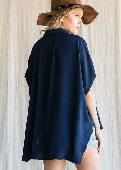 Bucket List Style T1702 Ladies Navy Button Down Hidden Placket High Low Top | Made in USA | This top can be worn with anything. | Classy Cozy Cool Boutique