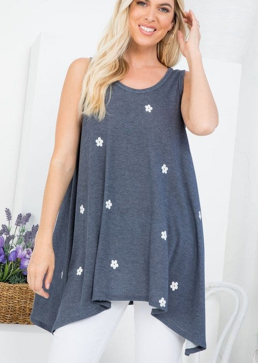 P & Rose Ladies Navy Sleeveless Tunic Top with Printed White Daisies | Proudly Made in USA | Classy Cozy Cool Women's American Clothing Boutique