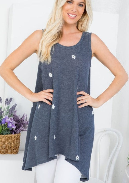 P & Rose Ladies Navy Sleeveless Tunic Top with Printed White Daisies | Proudly Made in USA | Classy Cozy Cool Women's American Clothing Boutique