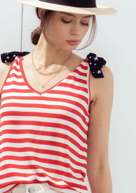 Made in USA Super Soft Ladies Tie Shoulder Double V-Neck Stars & Stripes Patriotic 4th of July Tank Top Red, White & Blue  | Classy Cozy Cool Made in America Boutique