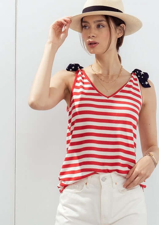 Made in USA Super Soft Ladies Tie Shoulder Double V-Neck Stars & Stripes Patriotic 4th of July Tank Top Red, White & Blue  | Classy Cozy Cool Made in America Boutique