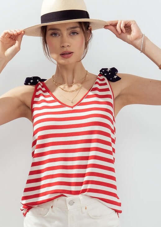 Made in USA Super Soft Ladies Tie Shoulder Double V-Neck Stars & Stripes Patriotic 4th of July Tank Top Red, White & Blue  | Classy Cozy Cool Made in America Boutique
