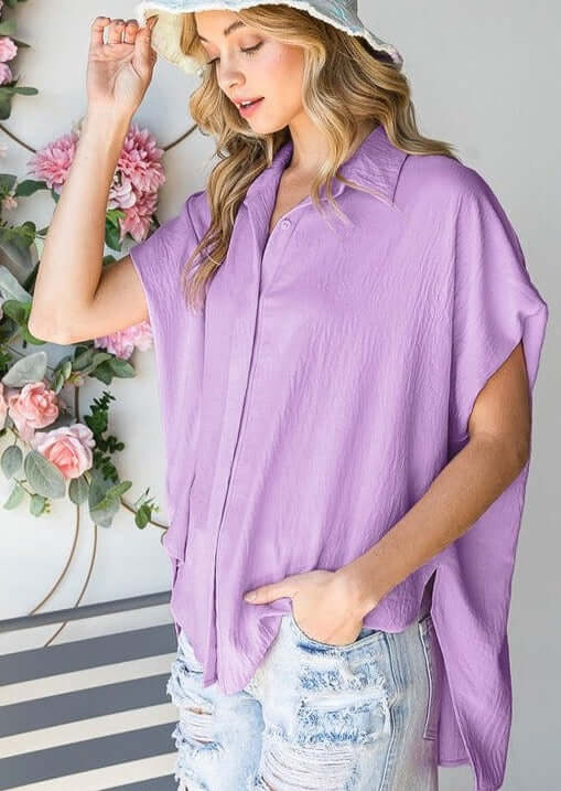 Lilac Bucket List Style T1702 Ladies Button Down Hidden Placket High Low Top | Made in USA | This top can be worn with anything. | Classy Cozy Cool Boutique