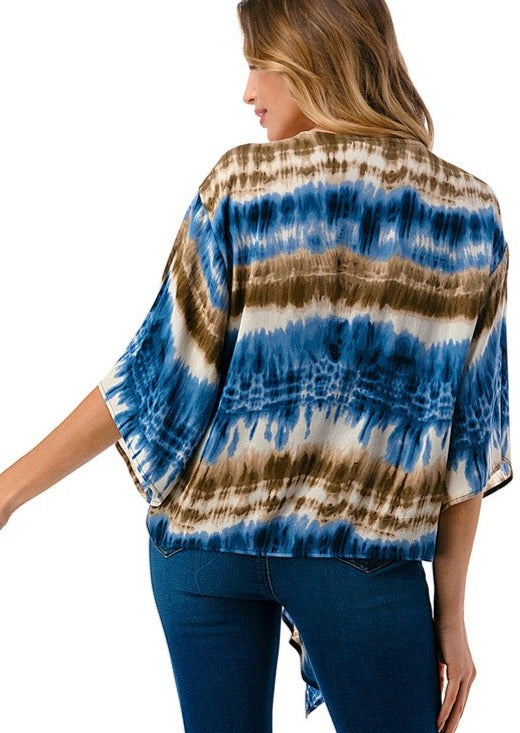 USA Made Ariella Ladies Tie Front V-Neck Tie Dye Stiped Top | Made in USA |   Colors: Blues & Browns | Classy Cozy Cool Women's American Boutique