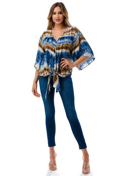 USA Made Ariella Ladies Tie Front V-Neck Tie Dye Stiped Top | Made in USA |   Colors: Blues & Browns | Classy Cozy Cool Women's American Boutique