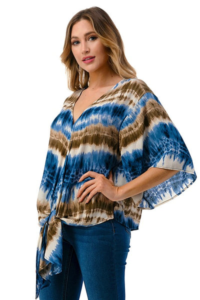 USA Made Ariella Ladies Tie Front V-Neck Tie Dye Stiped Top | Made in USA |   Colors: Blues & Browns | Classy Cozy Cool Women's American Boutique