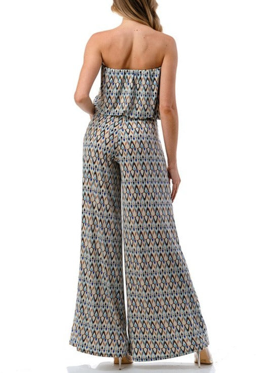 Ariella Ladies Blue & Gold Tube Top Smocked Waist Wide Leg Jumpsuit with Braided Belt | Made in USA | Class Cozy Cool Women's American Boutique