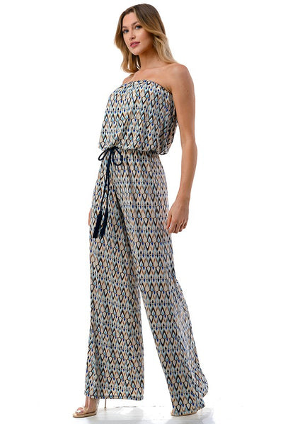 Ariella Ladies Blue & Gold Tube Top Smocked Waist Wide Leg Jumpsuit with Braided Belt | Made in USA | Class Cozy Cool Women's American Boutique