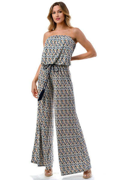 Ariella Ladies Blue & Gold Tube Top Smocked Waist Wide Leg Jumpsuit with Braided Belt | Made in USA | Class Cozy Cool Women's American Boutique