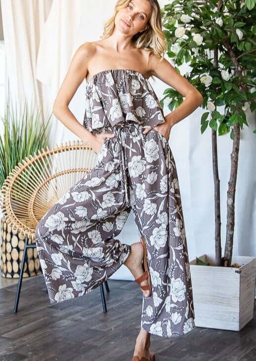 Bucket List Style# R5120 Ladies Ruffled Floral Tube Top Jumpsuit in Taupe & Ivory | Made in USA | Classy Cozy Cool Women's Made in America Boutique