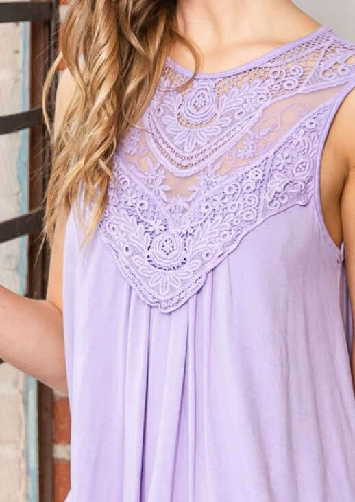 Lavender Embroidered Lace Neckline Ladies Dressy Sleeveless Soft & Flowy Summer Top | Made in USA | Classy Cozy Cool Made in America Boutique