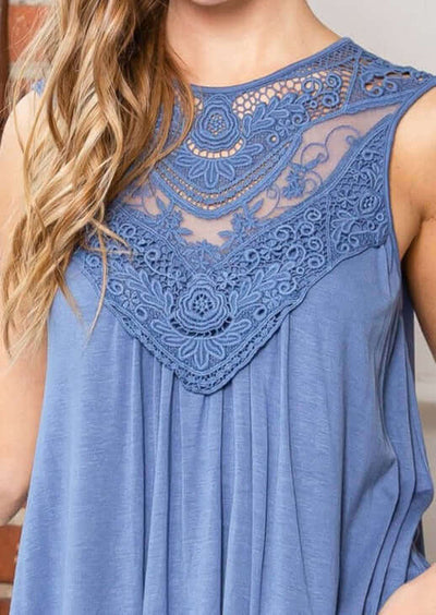 Indigo Blue Embroidered Lace Neckline Ladies Dressy Sleeveless Soft & Flowy Summer Top | Made in USA | Classy Cozy Cool Made in America Boutique