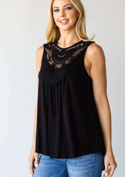 Black Embroidered Lace Neckline Ladies Dressy Sleeveless Soft & Flowy Summer Top | Made in USA | Classy Cozy Cool Made in America Boutique