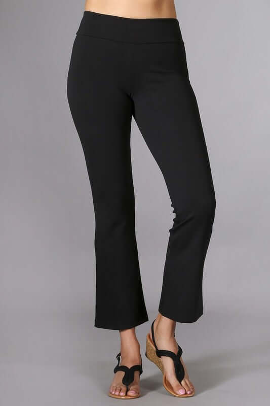 Chatoyant Plus Size Black Capri Stretch Pants with Slight Bell Flare & Back Pockets | Style# P30687 | Made in USA | Classy Cozy Cool American Boutique