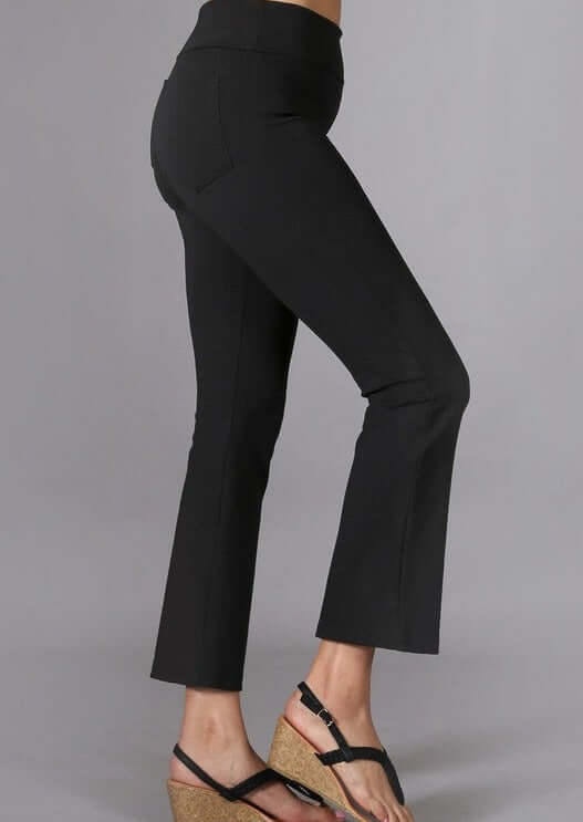 Chatoyant Black Capri Stretch Pants with Slight Bell Flare & Back Pockets | Style# P30687 | Made in USA | Classy Cozy Cool American Boutique