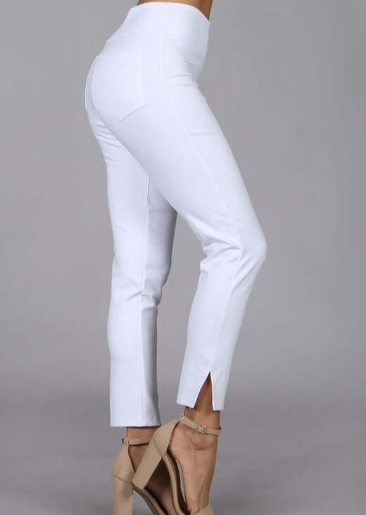 Chatoyant White Capri Stretch Pants with Side Slit & Back Pockets | Style# P30686 | Made in USA | Classy Cozy Cool American Made Boutique