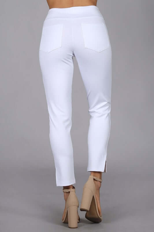 Chatoyant White Capri Stretch Pants with Side Slit & Back Pockets | Style# P30686 | Made in USA | Classy Cozy Cool American Made Boutique