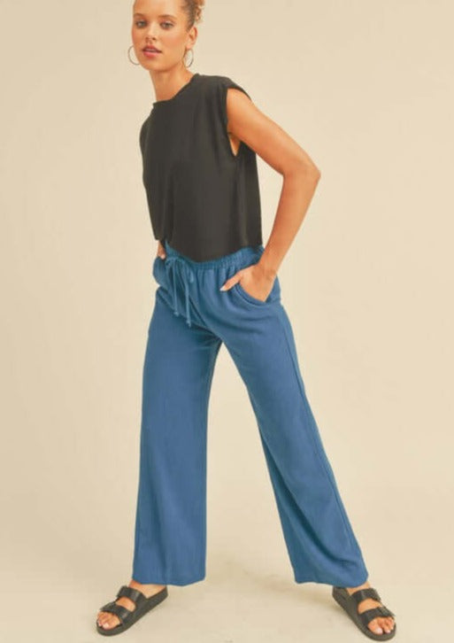 Blue USA Made Linen Blend Bootcut Pants with Pockets - Relaxed Fit Drawstring & Elastic Waist Side | Classy Cozy Cool Women's American Boutique