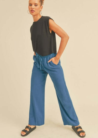 Blue USA Made Linen Blend Bootcut Pants with Pockets - Relaxed Fit Drawstring & Elastic Waist Side | Classy Cozy Cool Women's American Boutique