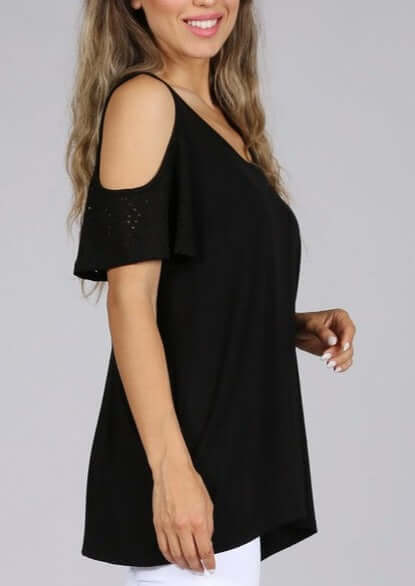 Chatoyant Ladies Casual open shoulder top with eyelet lace sleeves in Black or White Style 11306 | Made in USA | Classy Cozy Cool Women's American Boutique