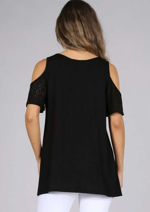 Chatoyant Ladies Casual open shoulder top with eyelet lace sleeves in Black or White Style 11306 | Made in USA | Classy Cozy Cool Women's American Boutique