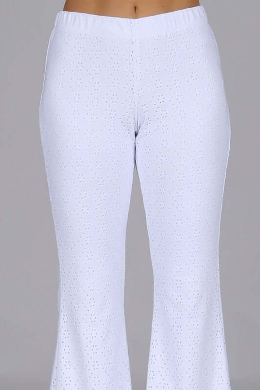 USA Made Ladies Fully Lined Eyelet Lace Flare Bottom Pants by Chatoyant in Black or White | Style# C30684 | Classy Cozy Cool Women's American Boutique