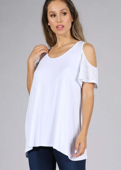 Chatoyant Ladies Casual open shoulder top with eyelet lace sleeves in Black or White Style 11306 | Made in USA | Classy Cozy Cool Women's American Boutique