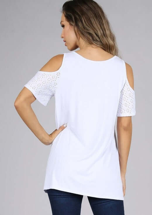 Chatoyant Ladies Casual open shoulder top with eyelet lace sleeves in Black or White Style 11306 | Made in USA | Classy Cozy Cool Women's American Boutique