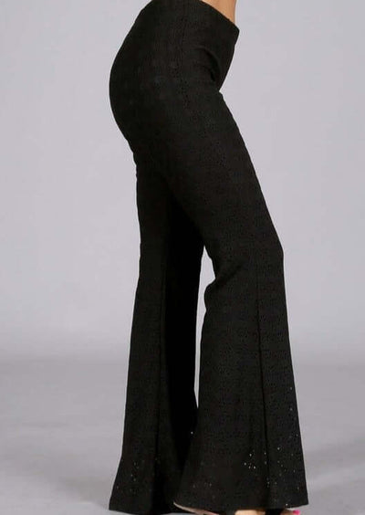 USA Made Ladies Fully Lined Eyelet Lace Flare Bottom Pants by Chatoyant in Black or White | Style# C30684 | Classy Cozy Cool Women's American Boutique