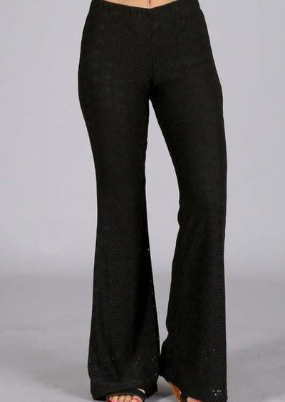 USA Made Ladies Fully Lined Eyelet Lace Flare Bottom Pants by Chatoyant in Black or White | Style# C30684 | Classy Cozy Cool Women's American Boutique