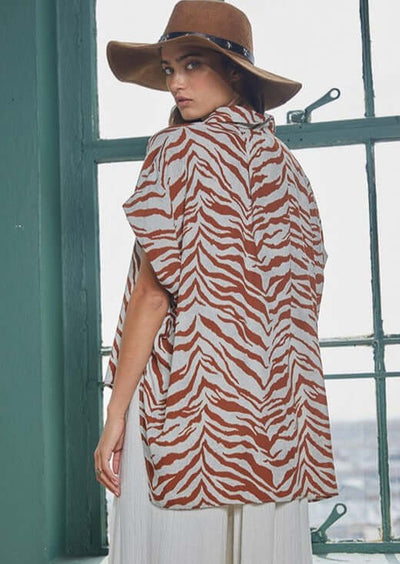 Bucket List Style T1702 Ladies Button Down Hidden Placket High Low Top in Brown & Gray Zebra Print | Made in USA | Women's Clothing Made in America