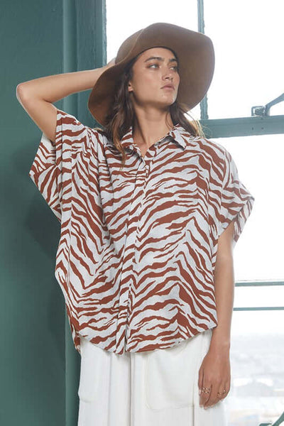 Bucket List Style T1702 Ladies Button Down Hidden Placket High Low Top in Brown & Gray Zebra Print | Made in USA | Women's Clothing Made in America