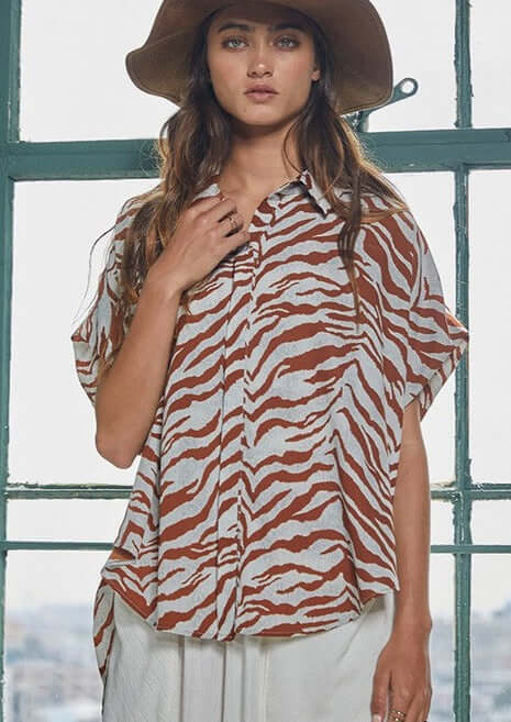 Bucket List Style T1702 Ladies Button Down Hidden Placket High Low Top in Brown & Gray Zebra Print | Made in USA | Women's Clothing Made in America