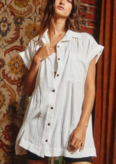 Bucket List Style T1788 Off White Ladies Oversized Cotton Button Down Cap Sleeve Tunic with Front Pockets and Gathering Detail | Made in USA | Women's Made in America Boutique