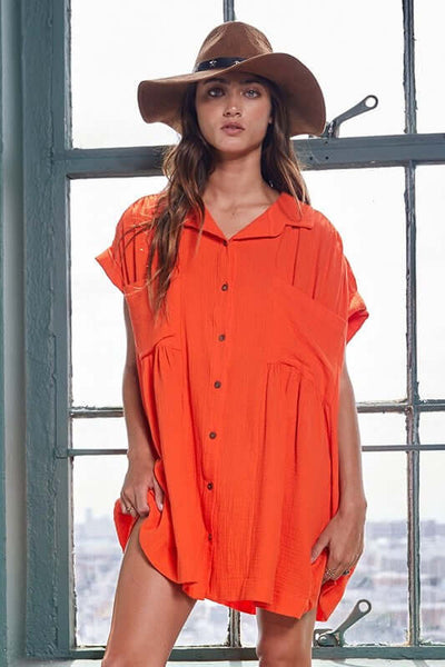 Bucket List Style 1788 Tomato Red Ladies Oversized Cotton Button Down Cap Sleeve Tunic with Front Pockets and Gathering Detail | Made in USA | Women's Made in America Boutique