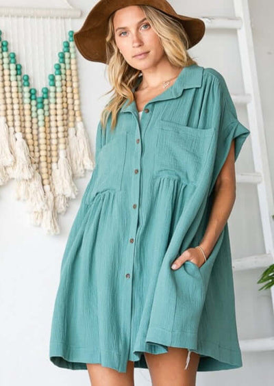 Bucket List Style T1788 Teal Ladies Oversized Cotton Button Down Cap Sleeve Tunic with Front Pockets and Gathering Detail | Made in USA | Women's Made in America Boutique