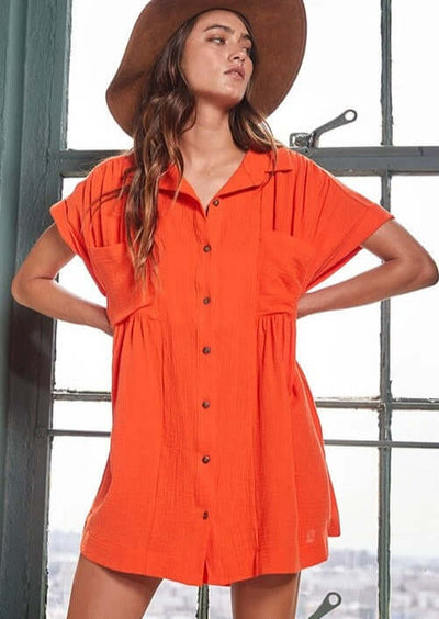 Bucket List Style T1788 Tomato Red Ladies Oversized Cotton Button Down Cap Sleeve Tunic with Front Pockets and Gathering Detail | Made in USA | Women's Made in America Boutique