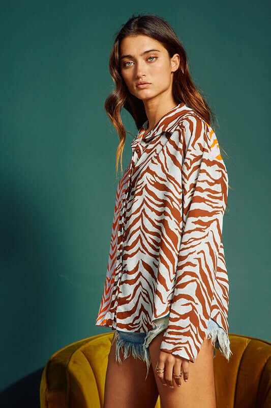 Bucket List Ladies Animal Print Color Block Contrast Button Down Top | Style# T1684  | Made in USA | Classy Cozy Cool Boutique | American Made