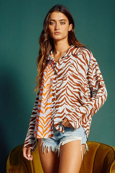 Bucket List Ladies Animal Print Color Block Contrast Button Down Top | Style# T1684  | Made in USA | Classy Cozy Cool Boutique | American Made