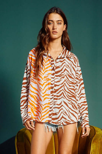 Bucket List Ladies Animal Print Color Block Contrast Button Down Top | Style# T1684  | Made in USA | Classy Cozy Cool Boutique | American Made