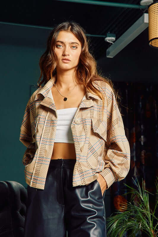 Bucket List Ladies Oversized Suede Herringbone Plaid Print Shacket with Oversized Front Utility Pockets | Style# T1220 | Made in USA 