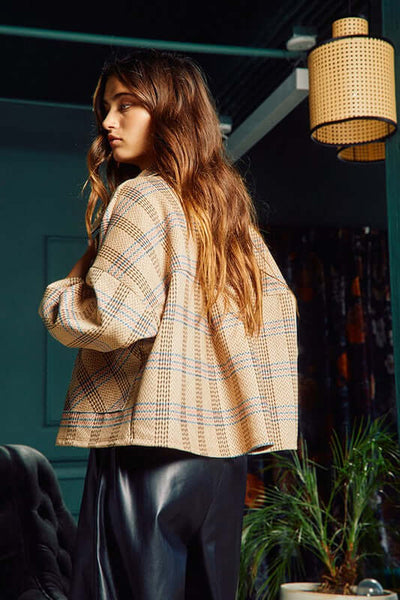 Bucket List Ladies Oversized Suede Herringbone Plaid Print Shacket with Oversized Front Utility Pockets | Style# T1220 | Made in USA 