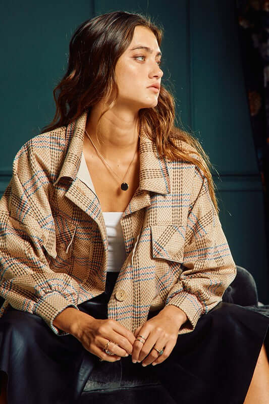 Bucket List Ladies Oversized Suede Herringbone Plaid Print Shacket with Oversized Front Utility Pockets | Style# T1220 | Made in USA 
