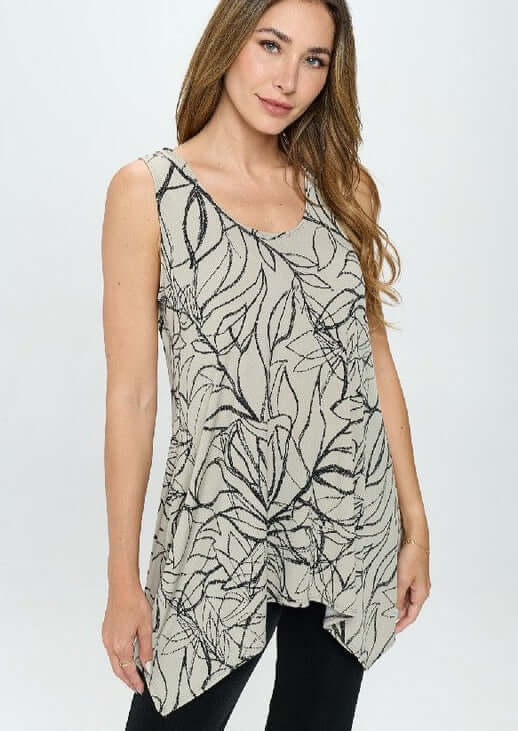 Made in USA  Ladies Sleeveless 2-tone floral shark bite hem tunic in neutral khaki grey & black | Classy Cozy Cool Women's Made in America Boutique.