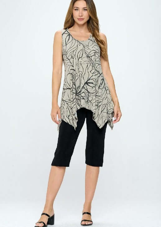 Made in USA  Ladies Sleeveless 2-tone floral shark bite hem tunic in neutral khaki grey & black | Classy Cozy Cool Women's Made in America Boutique.