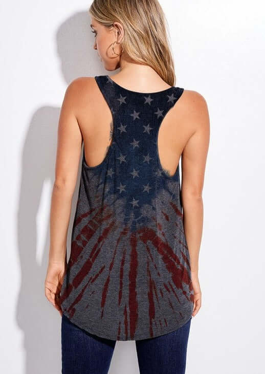 4th of July Charcoal Gray Super Soft Made in USA Distressed American Flag Graphic Racerback Tank Top | Phil Love | Made in USA | Classy Cozy Cool Women's American Clothing Boutique